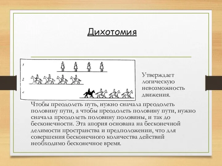 Дихотомия Утверждает логическую невозможность движения. Чтобы преодолеть путь, нужно сначала