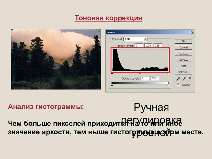 Тоновая коррекция Ручная регулировка уровней Анализ гистограммы: Чем больше пикселей