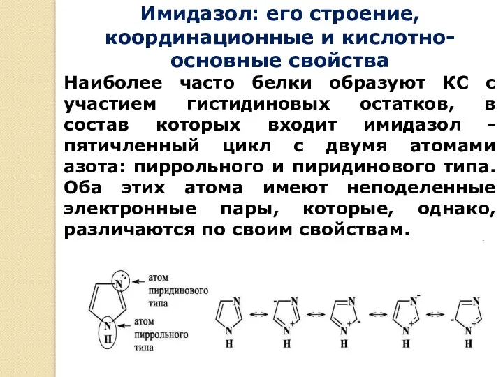 Имидазол: его строение, координационные и кислотно-основные свойства Наиболее часто белки