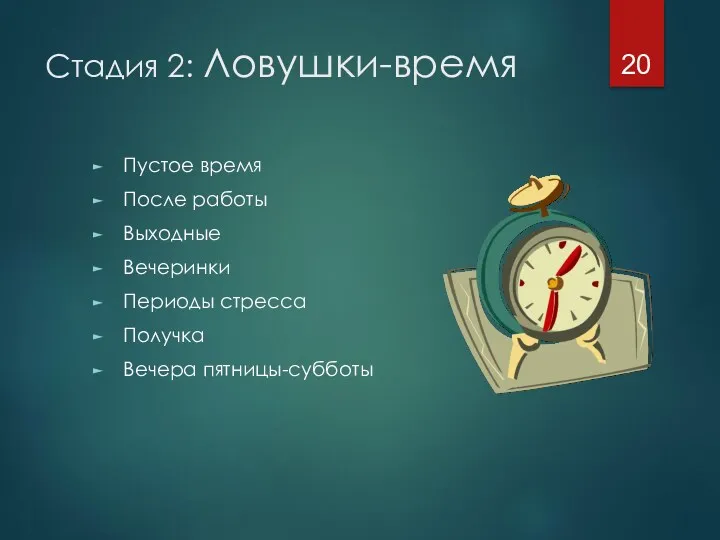 Стадия 2: Ловушки-время Пустое время После работы Выходные Вечеринки Периоды стресса Получка Вечера пятницы-субботы