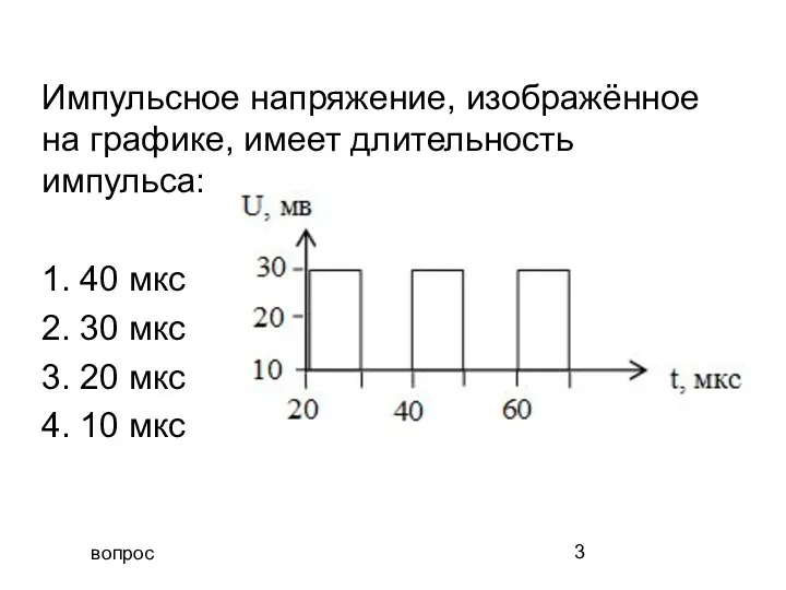 вопрос Импульсное напряжение, изображённое на графике, имеет длительность импульса: 1. 40 мкс 2.