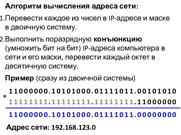 Алгоритм вычисления адреса сети: Перевести каждое из чисел в IP-адресе и маске в