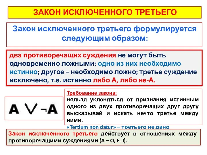 Закон исключенного третьего формулируется следующим образом: ЗАКОН ИСКЛЮЧЕННОГО ТРЕТЬЕГО два