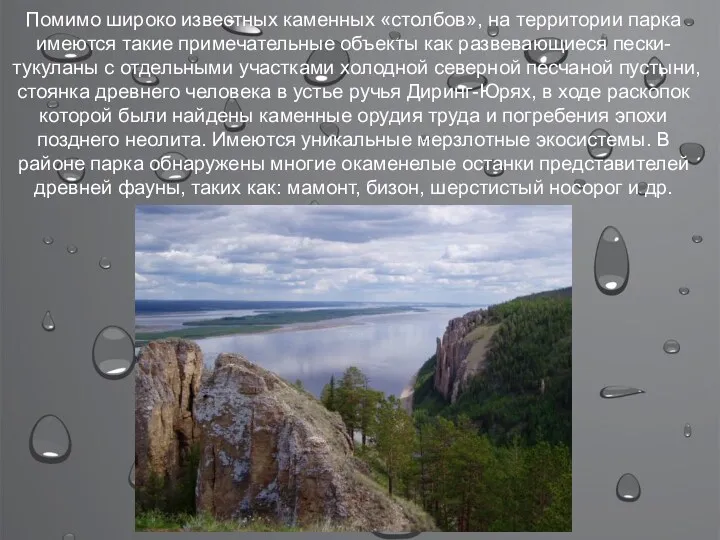 Помимо широко известных каменных «столбов», на территории парка имеются такие