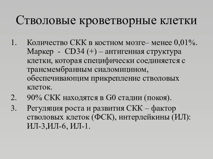 Стволовые кроветворные клетки Количество СКК в костном мозге– менее 0,01%.