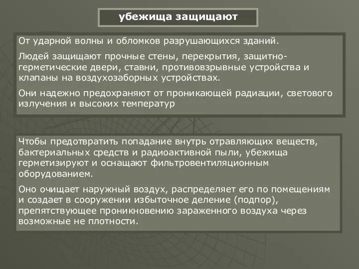 От ударной волны и обломков разрушающихся зданий. Людей защищают прочные