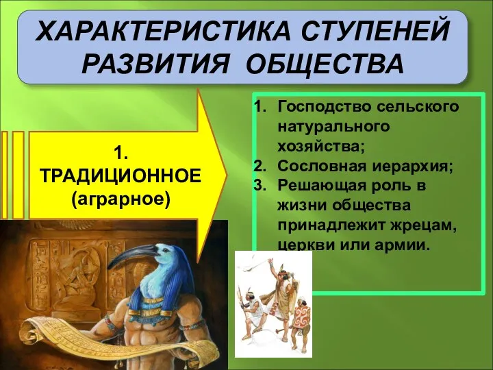 ХАРАКТЕРИСТИКА СТУПЕНЕЙ РАЗВИТИЯ ОБЩЕСТВА 1. ТРАДИЦИОННОЕ (аграрное) Господство сельского натурального