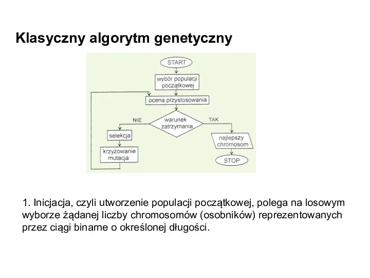 Klasyczny algorytm genetyczny 1. Inicjacja, czyli utworzenie populacji początkowej, polega