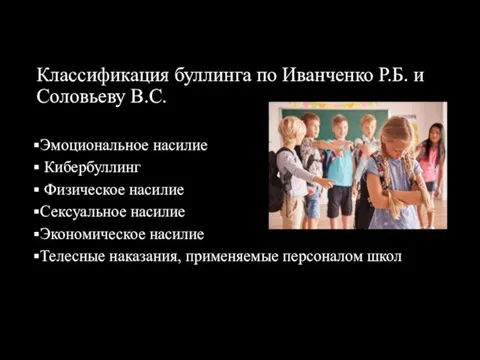 Классификация буллинга по Иванченко Р.Б. и Соловьеву В.С. Эмоциональное насилие Кибербуллинг Физическое насилие