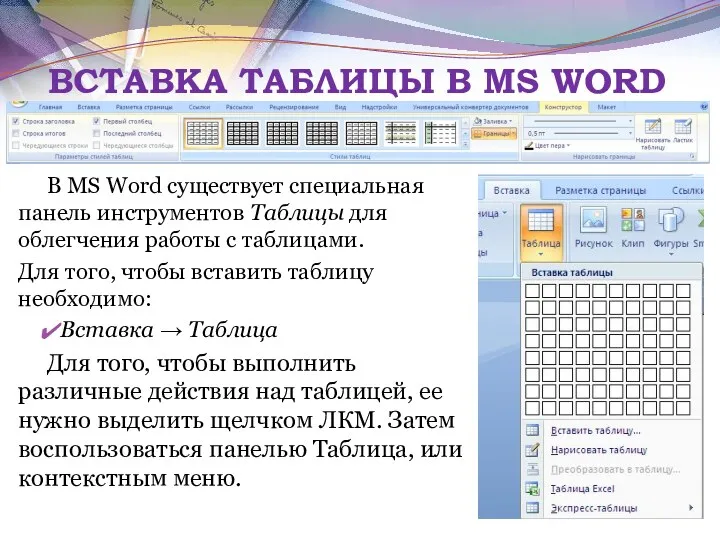 ВСТАВКА ТАБЛИЦЫ В MS WORD В MS Word существует специальная