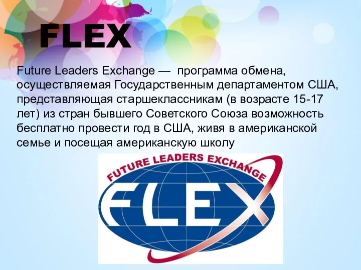 FLEX Future Leaders Exchange — программа обмена, осуществляемая Государственным департаментом