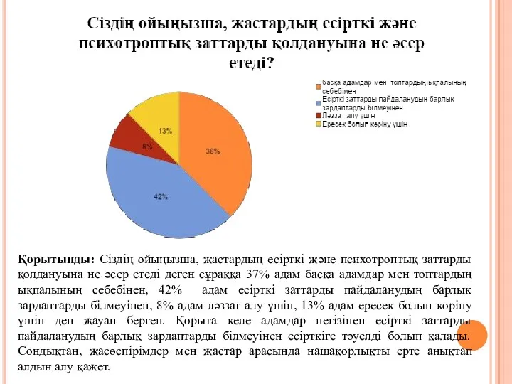 Қорытынды: Сіздің ойыңызша, жастардың есірткі және психотроптық заттарды қолдануына не