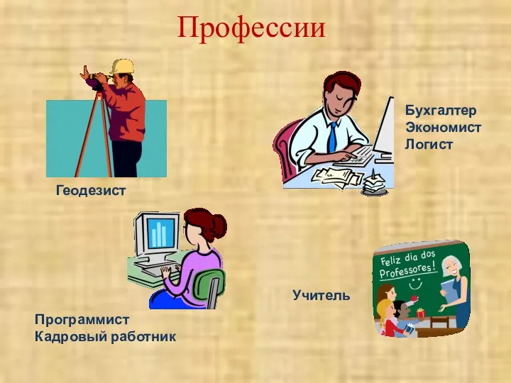 Профессии Бухгалтер Экономист Логист Учитель Программист Кадровый работник Геодезист