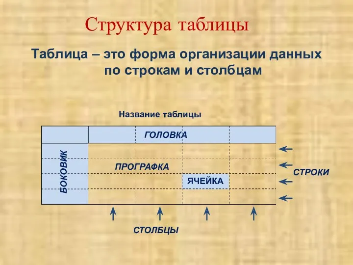 СТОЛБЦЫ СТРОКИ ГОЛОВКА БОКОВИК ПРОГРАФКА Название таблицы ЯЧЕЙКА Таблица –