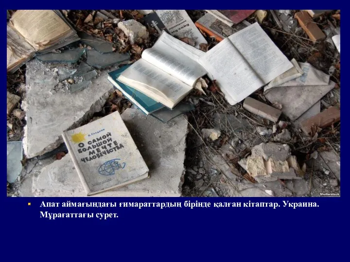 Апат аймағындағы ғимараттардың бірінде қалған кітаптар. Украина. Мұрағаттағы сурет.