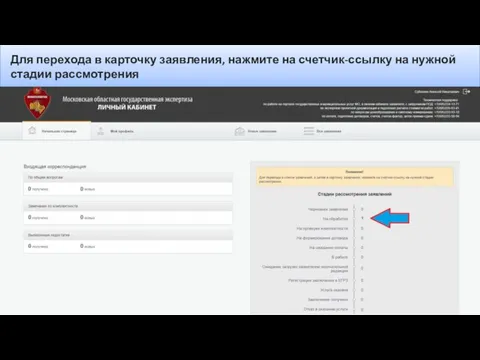 Для перехода в карточку заявления, нажмите на счетчик-ссылку на нужной стадии рассмотрения