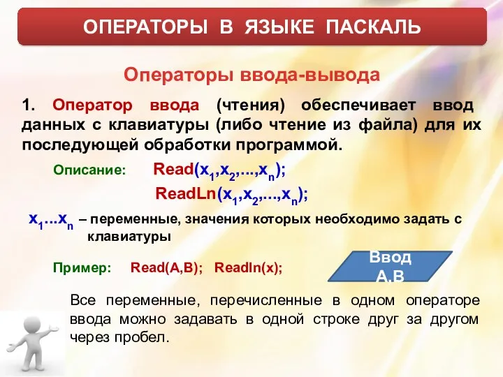 ОПЕРАТОРЫ В ЯЗЫКЕ ПАСКАЛЬ Операторы ввода-вывода 1. Оператор ввода (чтения)