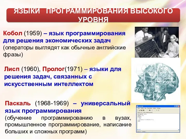 ЯЗЫКИ ПРОГРАММИРОВАНИЯ ВЫСОКОГО УРОВНЯ Кобол (1959) – язык программирования для