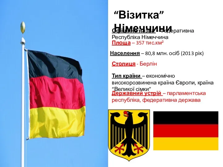 “Візитка” Німеччини Офіційна назва – Федеративна Республіка Німеччина Площа –