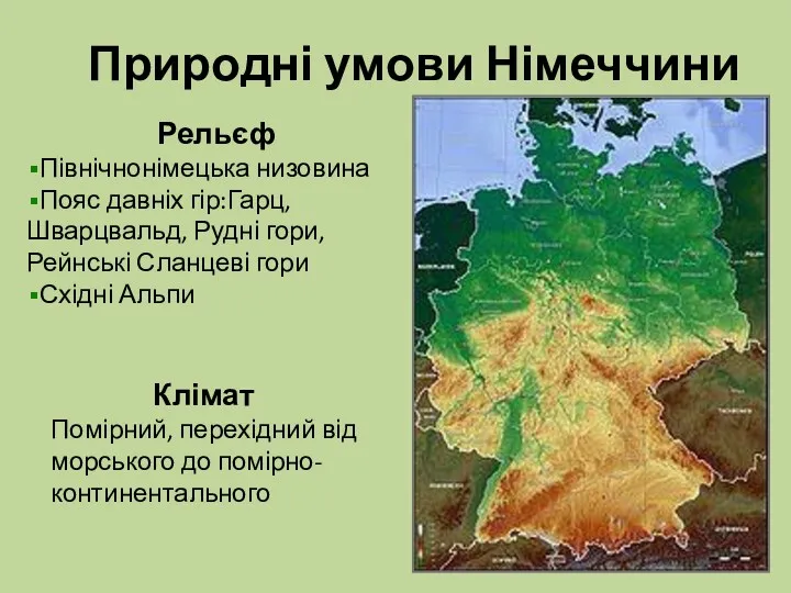 Природні умови Німеччини Рельєф Північнонімецька низовина Пояс давніх гір:Гарц, Шварцвальд,