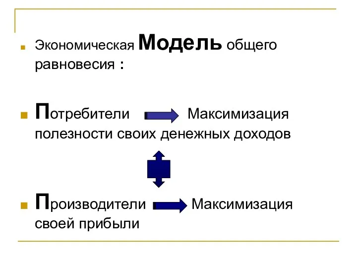 Экономическая Модель общего равновесия : Потребители Максимизация полезности своих денежных доходов Производители Максимизация своей прибыли