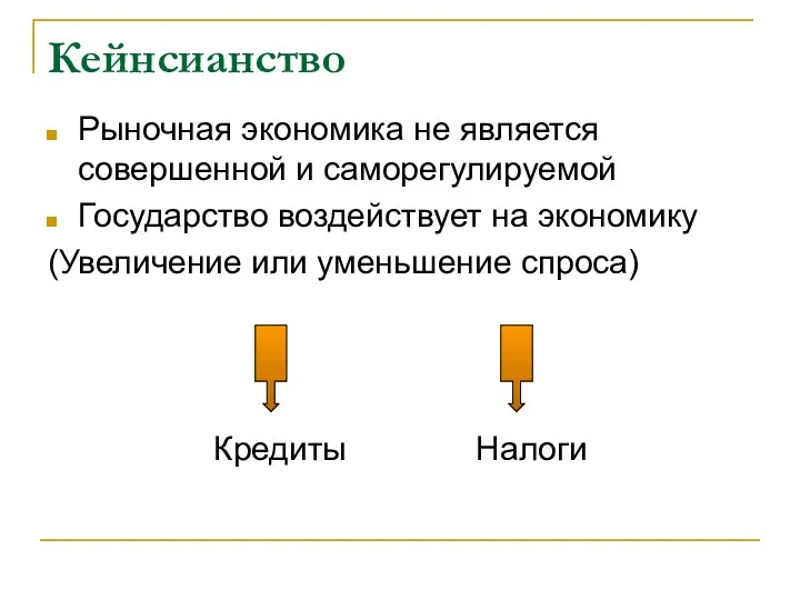 Кейнсианство Рыночная экономика не является совершенной и саморегулируемой Государство воздействует