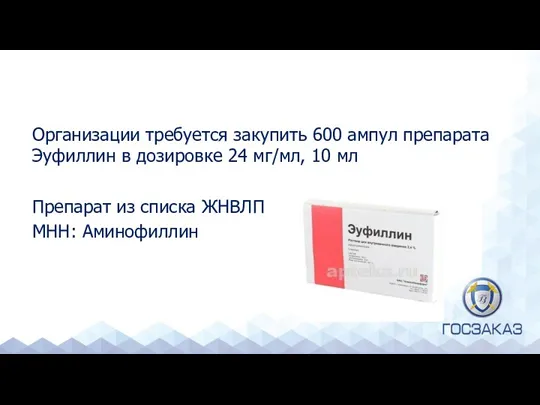 Организации требуется закупить 600 ампул препарата Эуфиллин в дозировке 24 мг/мл, 10 мл