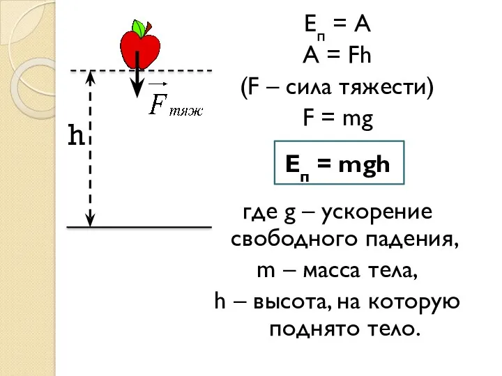 Еп = А А = Fh (F – сила тяжести) F = mg