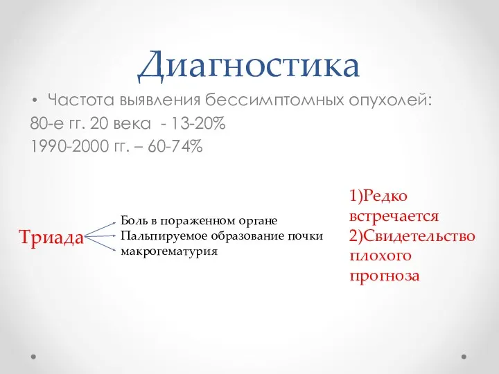 Диагностика Частота выявления бессимптомных опухолей: 80-е гг. 20 века - 13-20% 1990-2000 гг.