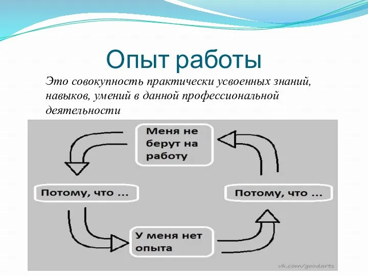 Опыт работы Это совокупность практически усвоенных знаний, навыков, умений в данной профессиональной деятельности