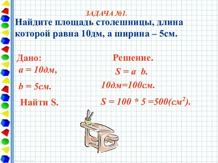 Найдите площадь столешницы, длина которой равна 10дм, а ширина – 5см. Дано: a