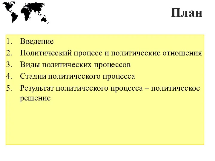 План Введение Политический процесс и политические отношения Виды политических процессов