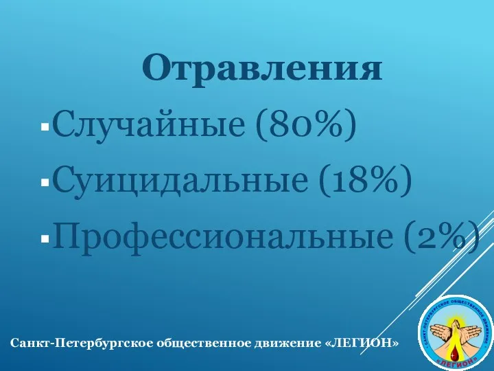 Отравления Случайные (80%) Суицидальные (18%) Профессиональные (2%) Санкт-Петербургское общественное движение «ЛЕГИОН»