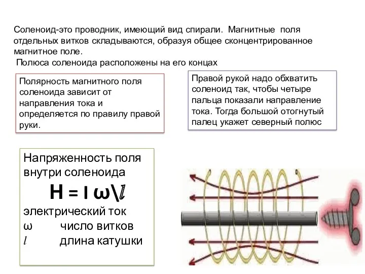 Полярность магнитного поля соленоида зависит от направления тока и определяется