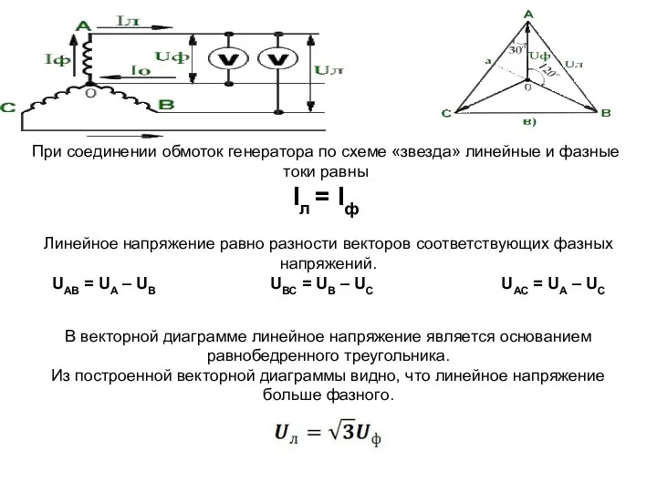 При соединении обмоток генератора по схеме «звезда» линейные и фазные токи равны Iл