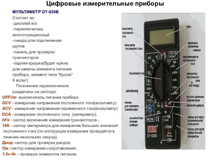 Цифровые измерительные приборы OFF/on -выключатель питания прибора DСV - измерение напряжения постоянного тока(вольтметр)