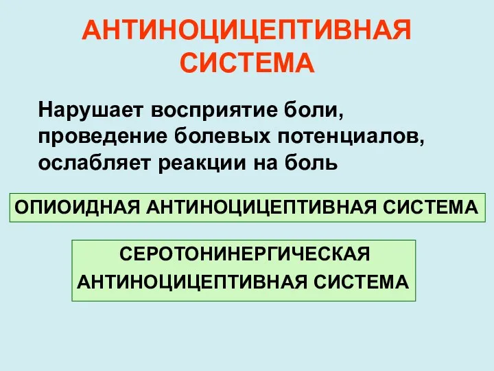 АНТИНОЦИЦЕПТИВНАЯ СИСТЕМА Нарушает восприятие боли, проведение болевых потенциалов, ослабляет реакции