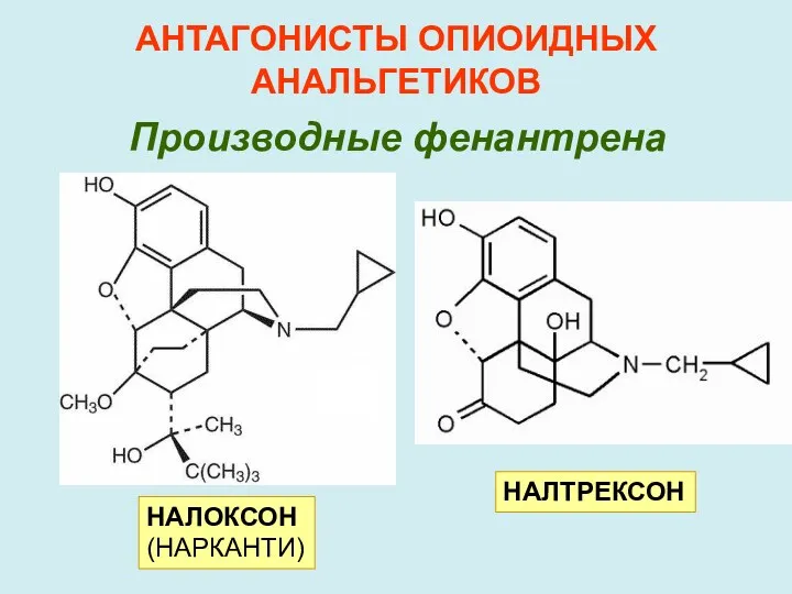 АНТАГОНИСТЫ ОПИОИДНЫХ АНАЛЬГЕТИКОВ Производные фенантрена НАЛОКСОН (НАРКАНТИ) НАЛТРЕКСОН