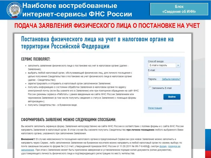 Наиболее востребованные интернет-сервисы ФНС России Блок «Сведения об ИНН» ПОДАЧА