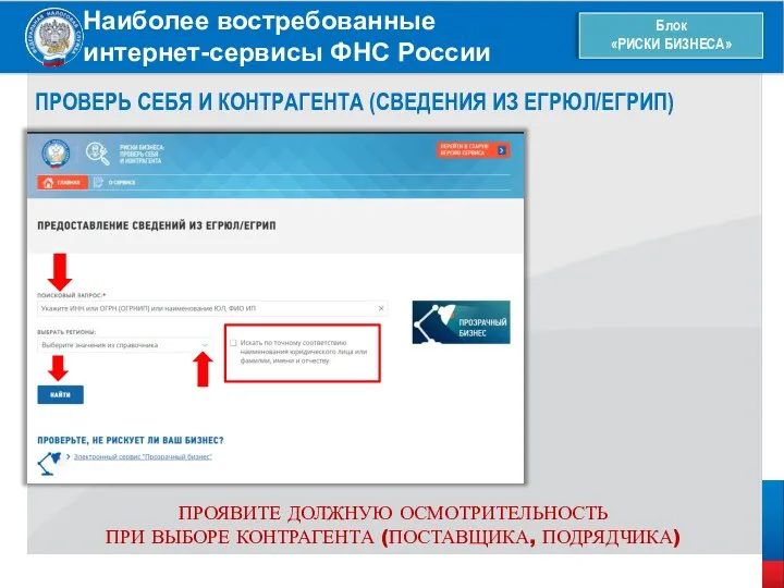 Наиболее востребованные интернет-сервисы ФНС России Блок «РИСКИ БИЗНЕСА» ПРОВЕРЬ СЕБЯ