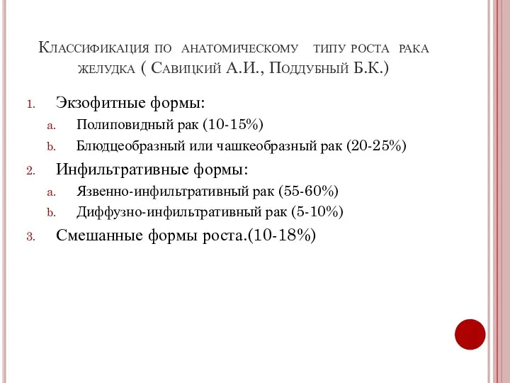 Классификация по анатомическому типу роста рака желудка ( Савицкий А.И.,