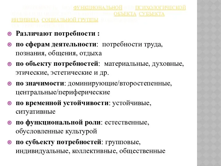 ПОТРЕ́БНОСТЬ - ВИД ФУНКЦИОНАЛЬНОЙ ИЛИ ПСИХОЛОГИЧЕСКОЙ НУЖДЫ ИЛИ НЕДОСТАТКА КАКОГО-ЛИБО