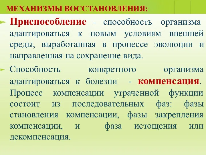 МЕХАНИЗМЫ ВОССТАНОВЛЕНИЯ: ФУНКЦИЙ Приспособление - способность организма адаптироваться к новым