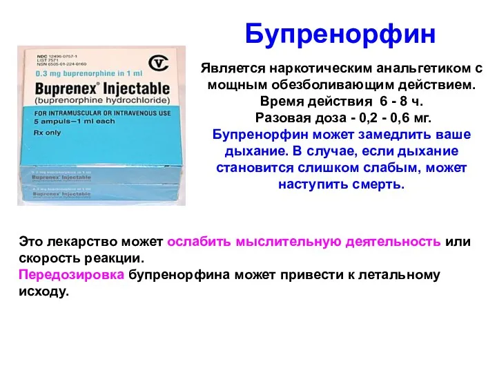 Бупренорфин Является наркотическим анальгетиком с мощным обезболивающим действием. Время действия