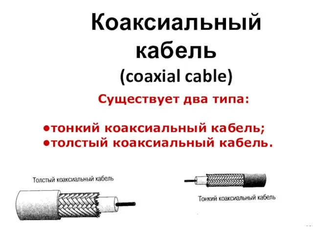 Коаксиальный кабель (coaxial cable) Существует два типа: тонкий коаксиальный кабель; толстый коаксиальный кабель.