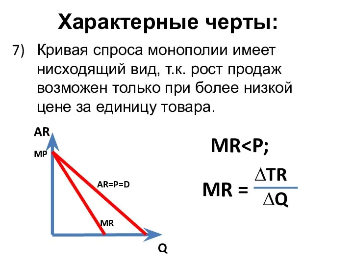 Характерные черты: Кривая спроса монополии имеет нисходящий вид, т.к. рост