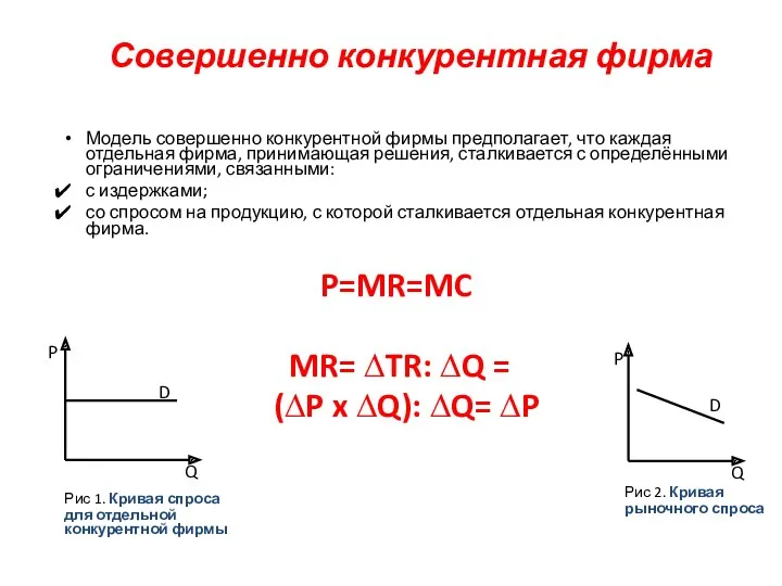 Совершенно конкурентная фирма Модель совершенно конкурентной фирмы предполагает, что каждая