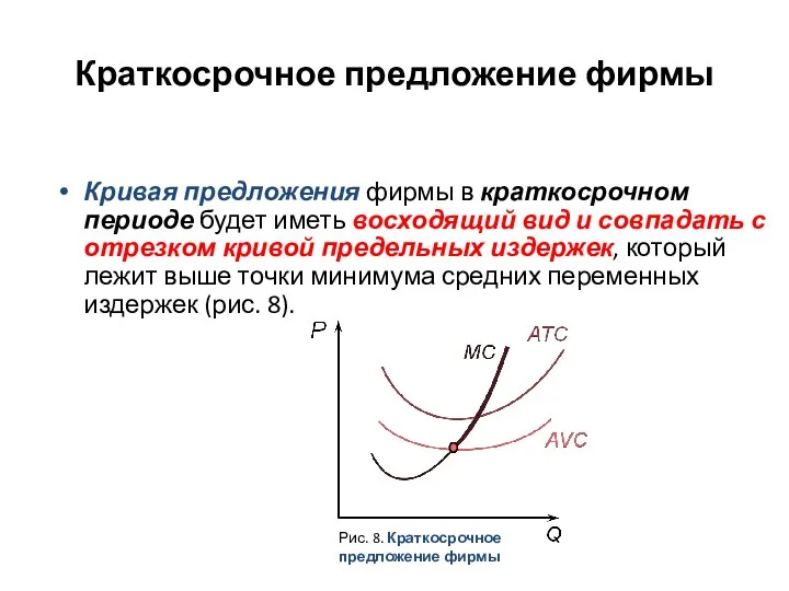 Краткосрочное предложение фирмы Кривая предложения фирмы в краткосрочном периоде будет