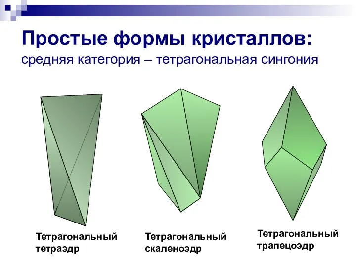 Простые формы кристаллов: средняя категория – тетрагональная сингония Тетрагональный тетраэдр Тетрагональный скаленоэдр Тетрагональный трапецоэдр