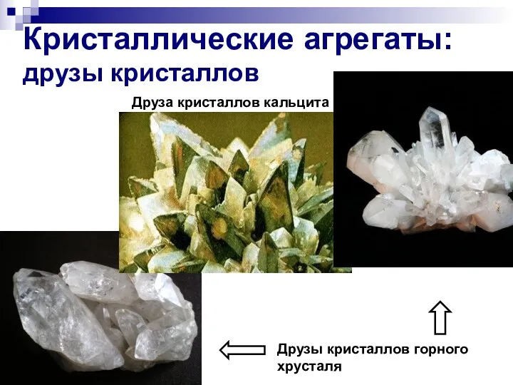 Кристаллические агрегаты: друзы кристаллов и Друзы кристаллов горного хрусталя Друза кристаллов кальцита